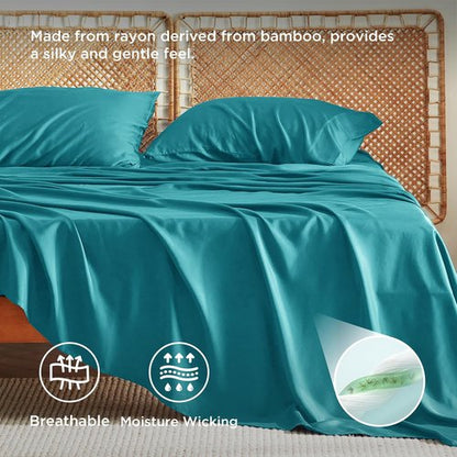 Bedsure Cooling Bed Sheets - Breathable Rayon from Bamboo | Full Size, Deep Pocket Up to 16 Inches, Turquoise