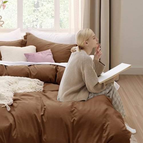 Bedsure Brown Duvet Cover Set - Extra Soft Cotton-Like Polyester, Full Size 80x90 Inches, 3 Pieces with Zipper Closure