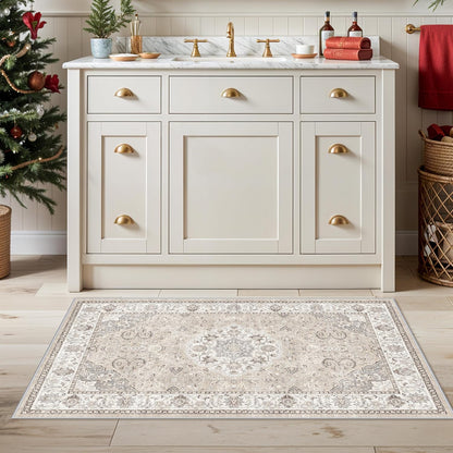 Skiennix Washable 2x4 Entryway Area Rug - Vintage Water-Resistant, Non-Slip, Ultra Soft Beige Carpet