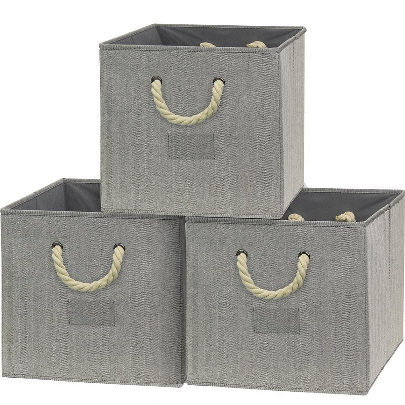 SIMPLE HOUSEWARE 13-Inch Cube Storage Bin With Braided Handles, 3 Pack, Gray