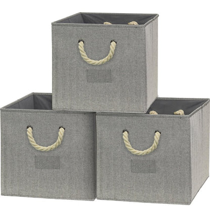 SIMPLE HOUSEWARE 13-Inch Cube Storage Bin With Braided Handles, 3 Pack, Gray