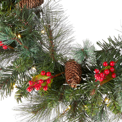 National Tree Company 24-Inch Pre-Lit Wintry Pine Flocked Christmas Wreath | LED Lights, Pinecones & Berries