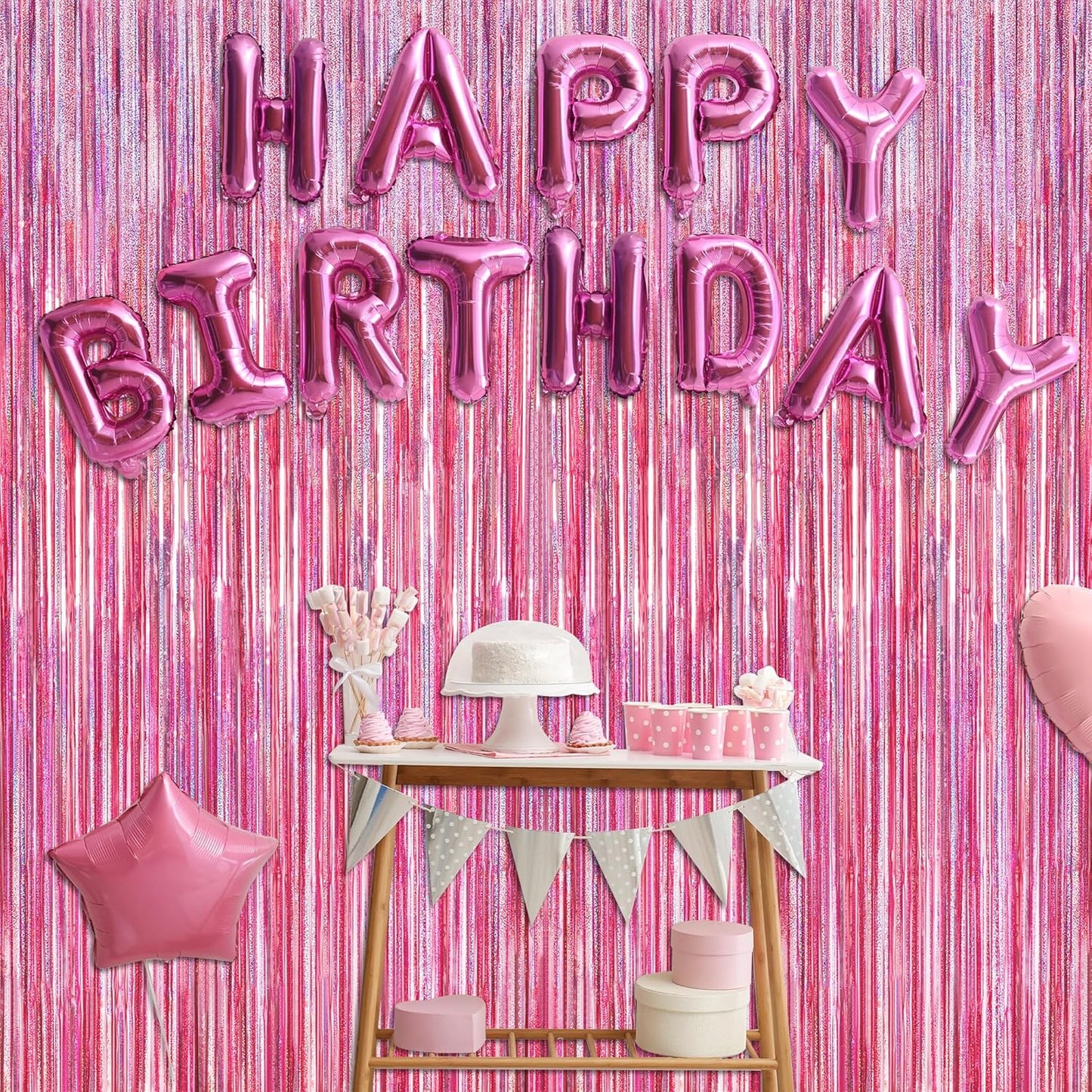 Skiennix Pink Backdrop - 12 Pack Metallic Glitter Tinsel Fringe Curtains | 3.28 FT x 7.05 FT Party Decor