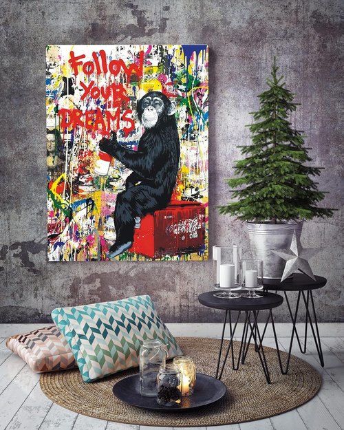 Banksy Canvas Art - Inspirational Graffiti Monkey Wall Decor for Living Room | 24"x16" Framed Print